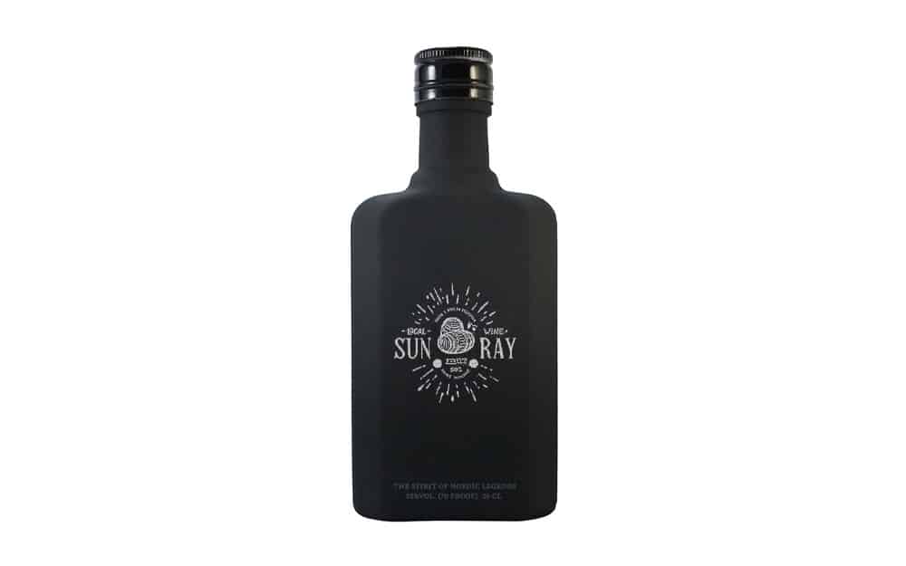 black glass flask with white logo printing