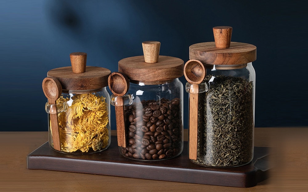 Glass coffee bean storage jar with spoon